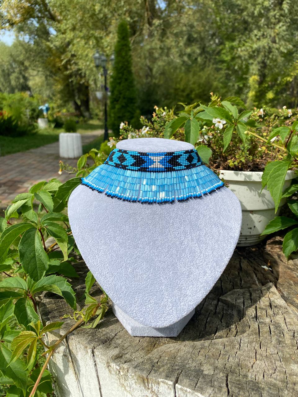 Blue Beaded Collar Necklace with Long Fringe – Handmade Statement Jewelry