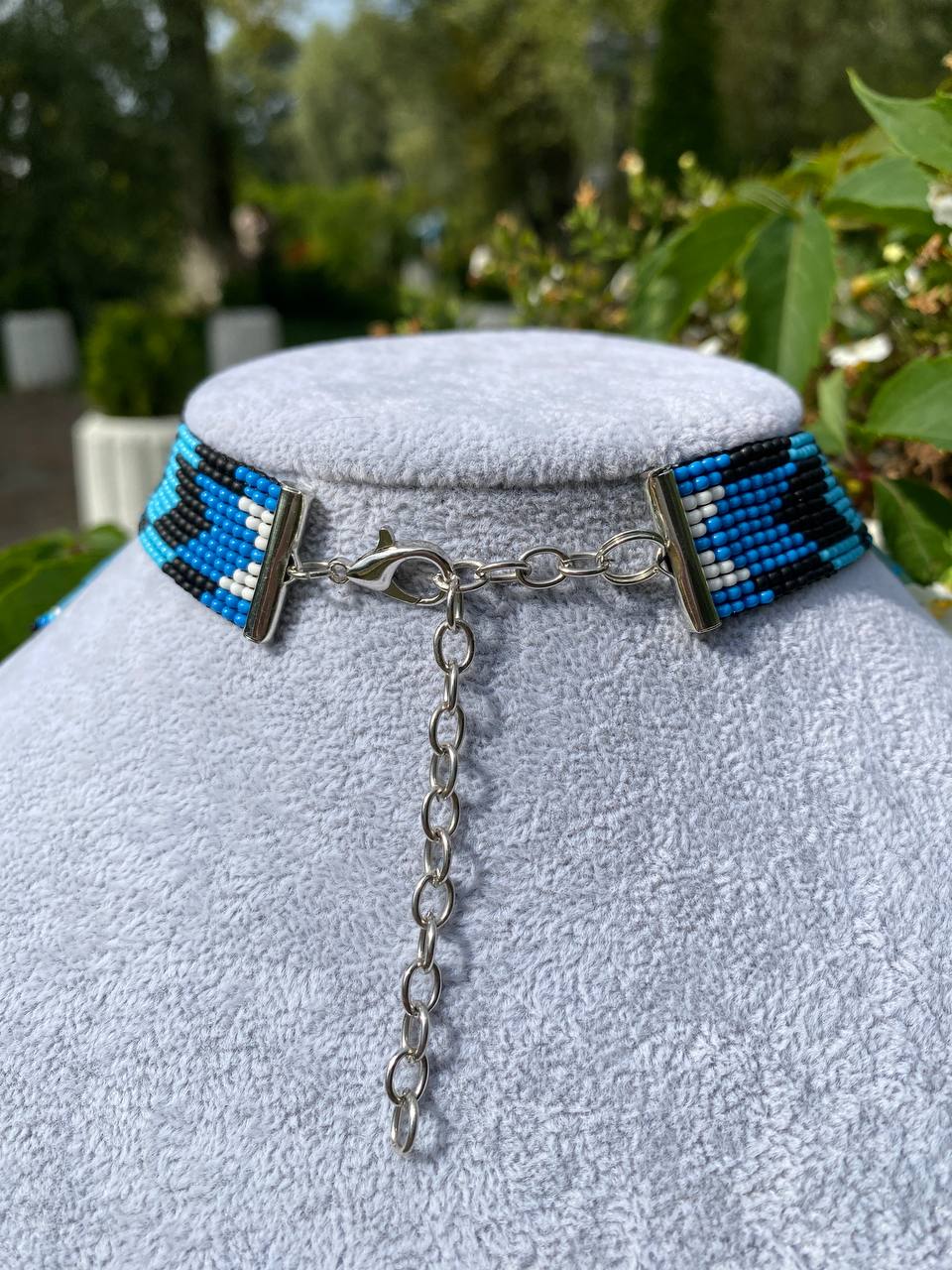 Blue Beaded Collar Necklace with Long Fringe – Handmade Statement Jewelry