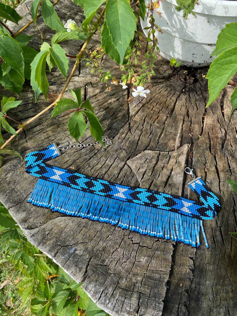 Blue Beaded Collar Necklace with Long Fringe – Handmade Statement Jewelry