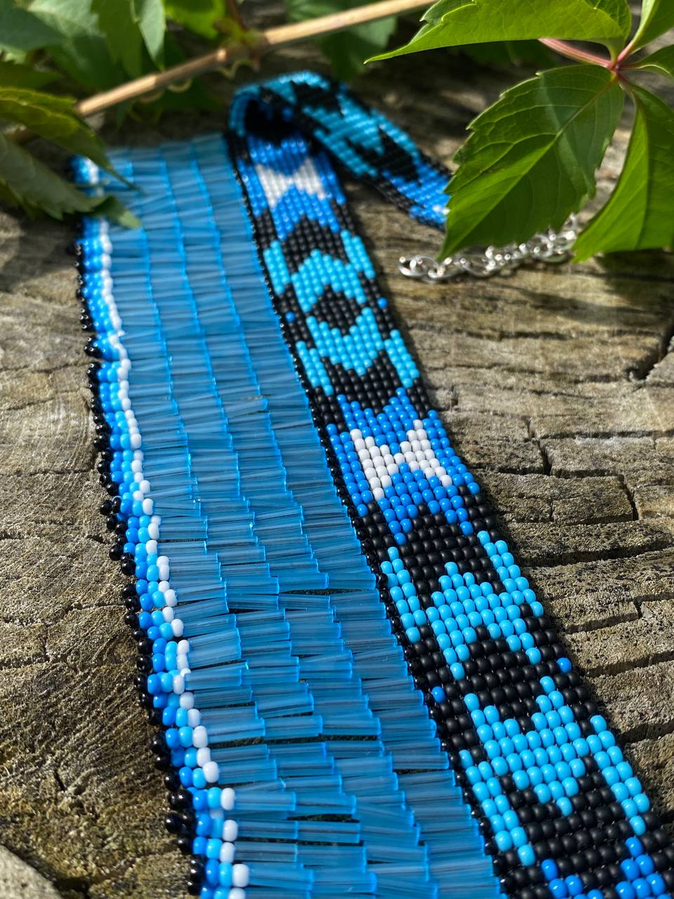 Blue Beaded Collar Necklace with Long Fringe – Handmade Statement Jewelry