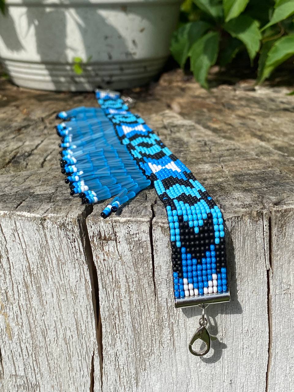 Blue Beaded Collar Necklace with Long Fringe – Handmade Statement Jewelry