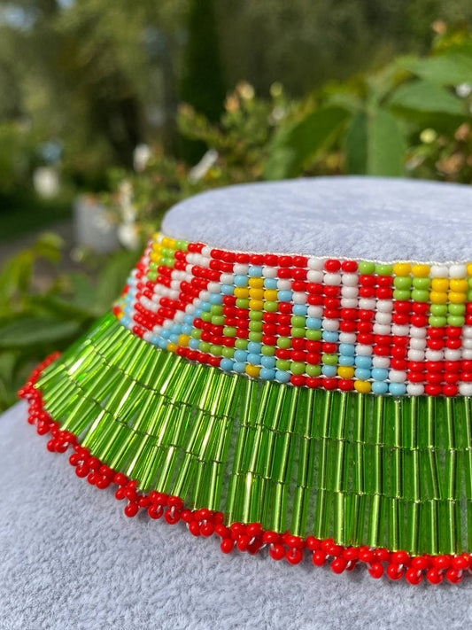 Summer Beaded Dangle Collar Necklace – Green Meadow Fringe with Flowers Inspired Choker