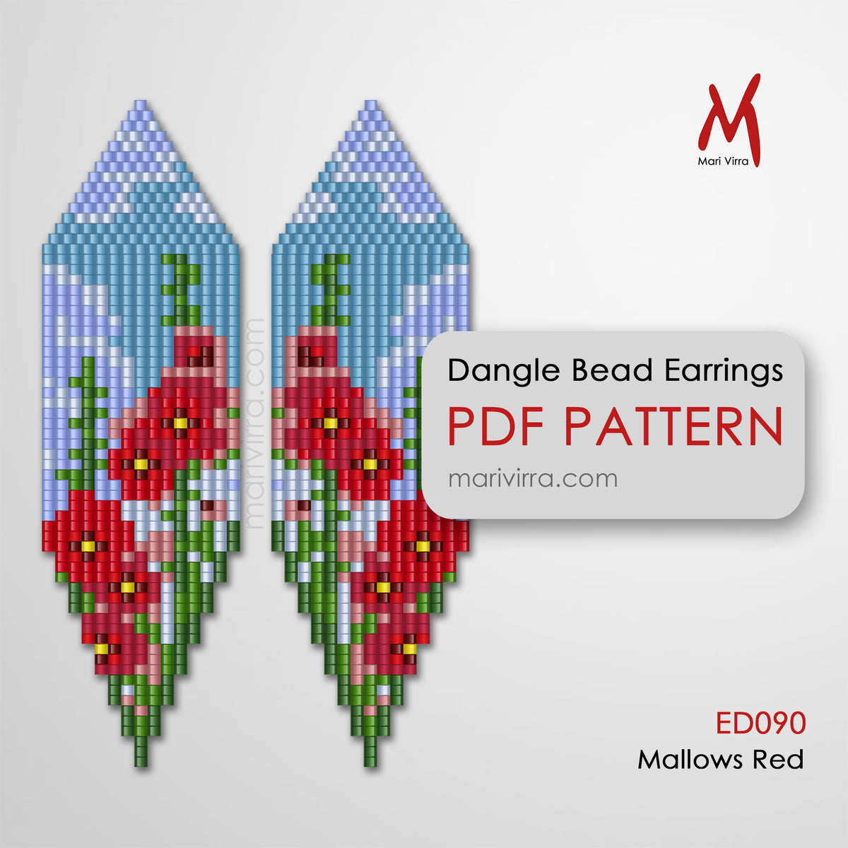 Mallows Red Poppy Flower Dangle Earrings Digital Bead Pattern