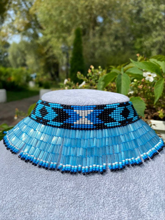 Blue Beaded Collar Necklace with Long Fringe – Handmade Statement Jewelry