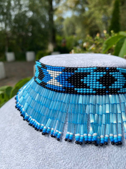 Blue Beaded Collar Necklace with Long Fringe – Handmade Statement Jewelry