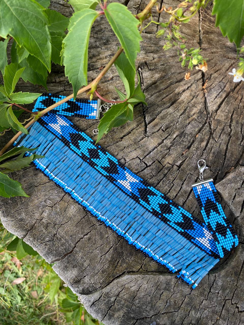 Blue Beaded Collar Necklace with Long Fringe – Handmade Statement Jewelry