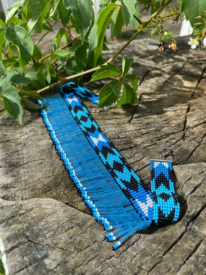 Blue Beaded Collar Necklace with Long Fringe – Handmade Statement Jewelry