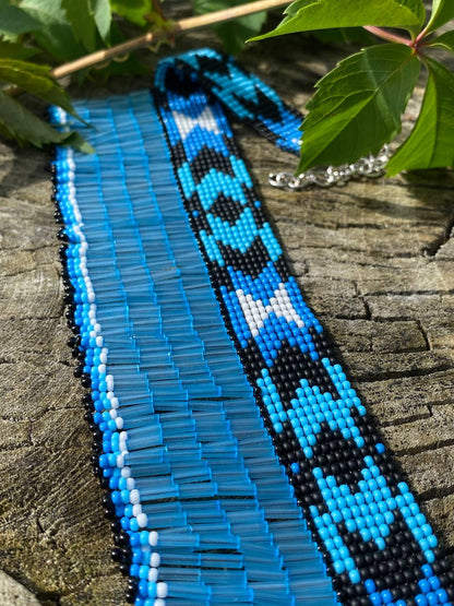 Blue Beaded Collar Necklace with Long Fringe – Handmade Statement Jewelry