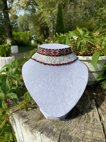 Ukrainian Beaded Collar Necklace with Fringe – Red, Silver and Black Handmade Choker