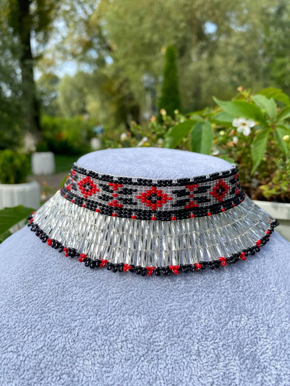 Ukrainian Beaded Collar Necklace with Fringe – Red, Silver and Black Handmade Choker