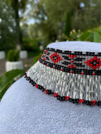 Ukrainian Beaded Collar Necklace with Fringe – Red, Silver and Black Handmade Choker