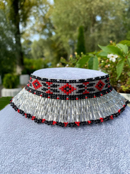Ukrainian Beaded Collar Necklace with Fringe – Red, Silver and Black Handmade Choker