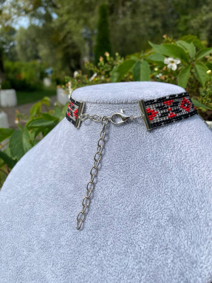 Ukrainian Beaded Collar Necklace with Fringe – Red, Silver and Black Handmade Choker