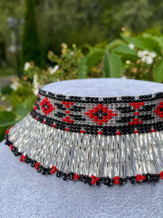 Ukrainian Beaded Collar Necklace with Fringe – Red, Silver and Black Handmade Choker