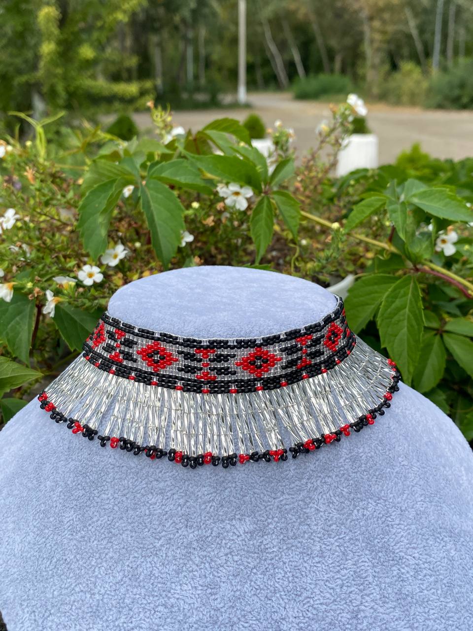 Ukrainian Beaded Collar Necklace with Fringe – Red, Silver and Black Handmade Choker