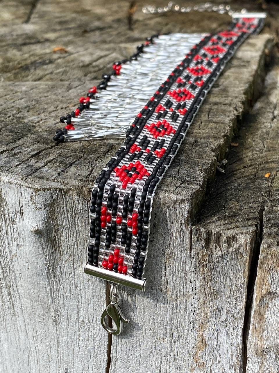 Ukrainian Beaded Collar Necklace with Fringe – Red, Silver and Black Handmade Choker