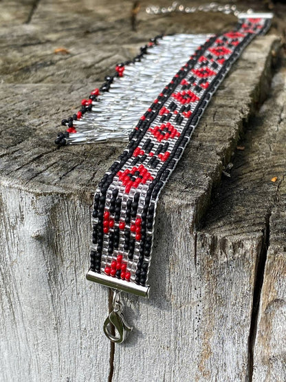 Ukrainian Beaded Collar Necklace with Fringe – Red, Silver and Black Handmade Choker
