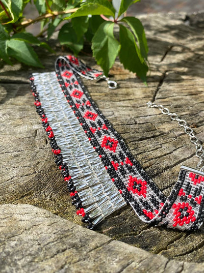 Ukrainian Beaded Collar Necklace with Fringe – Red, Silver and Black Handmade Choker