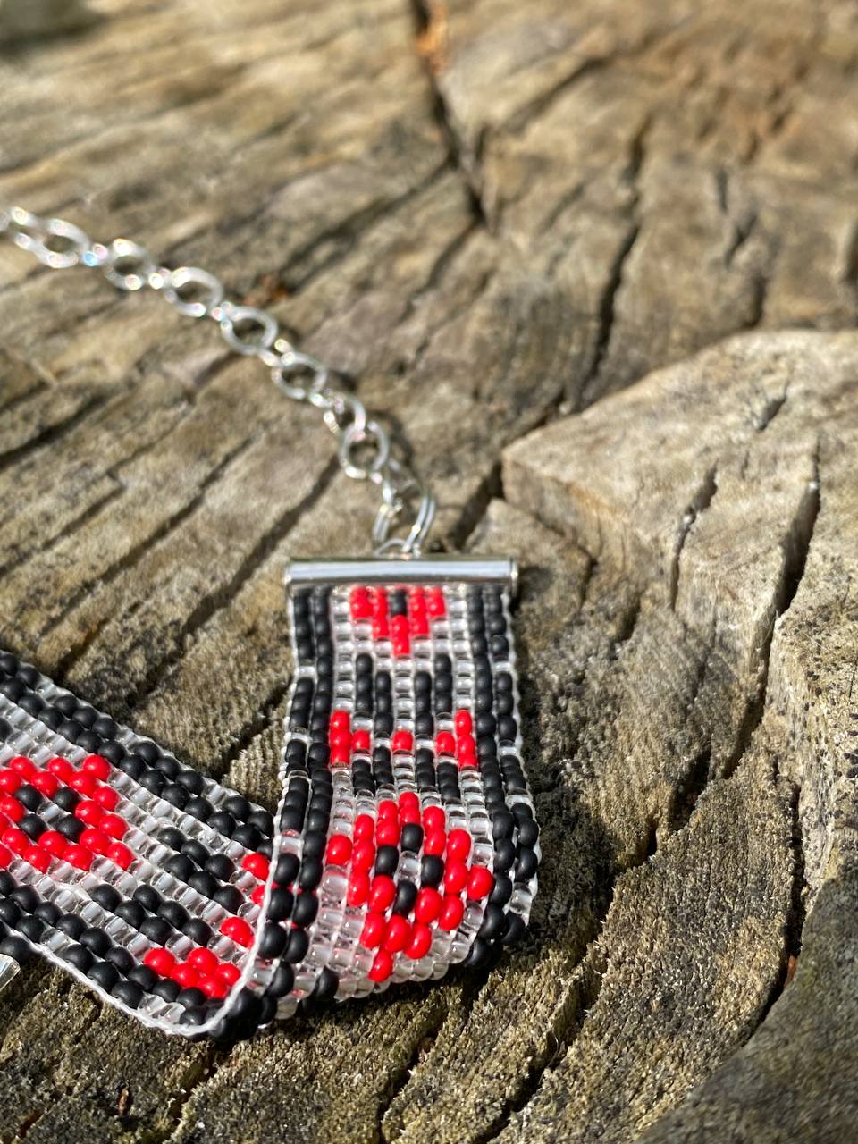 Ukrainian Beaded Collar Necklace with Fringe – Red, Silver and Black Handmade Choker