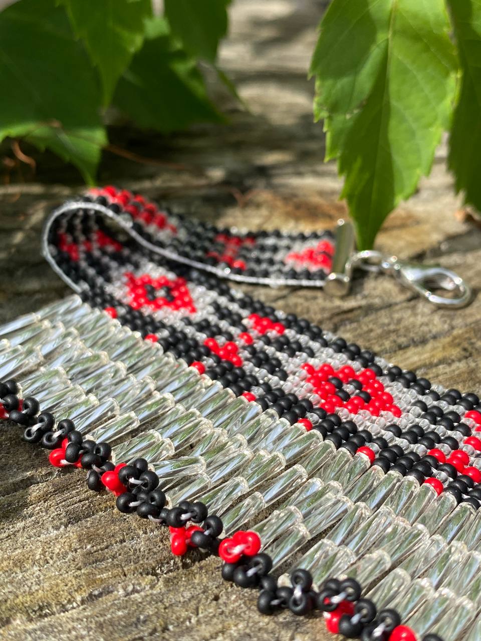 Ukrainian Beaded Collar Necklace with Fringe – Red, Silver and Black Handmade Choker