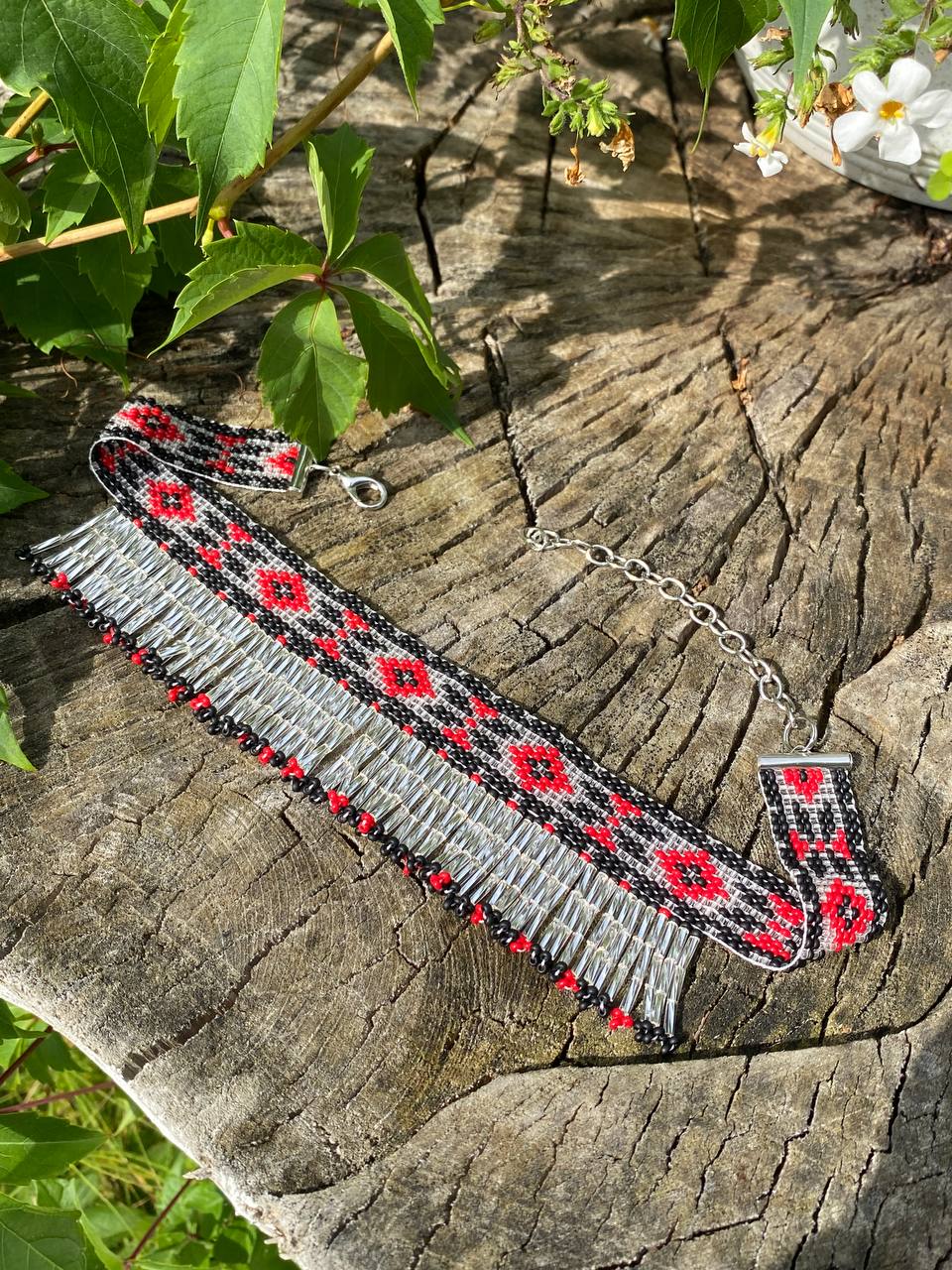 Ukrainian Beaded Collar Necklace with Fringe – Red, Silver and Black Handmade Choker