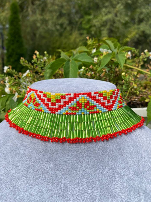 Summer Beaded Dangle Collar Necklace – Green Meadow Fringe with Flowers Inspired Choker