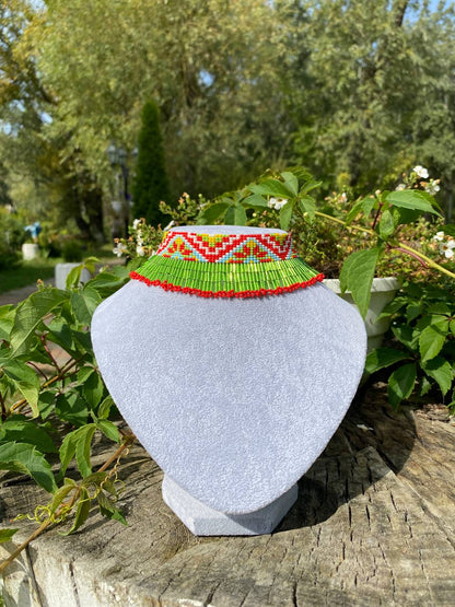 Summer Beaded Dangle Collar Necklace – Green Meadow Fringe with Flowers Inspired Choker