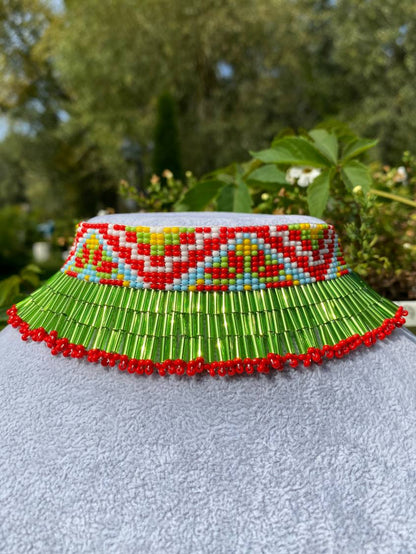 Summer Beaded Dangle Collar Necklace – Green Meadow Fringe with Flowers Inspired Choker