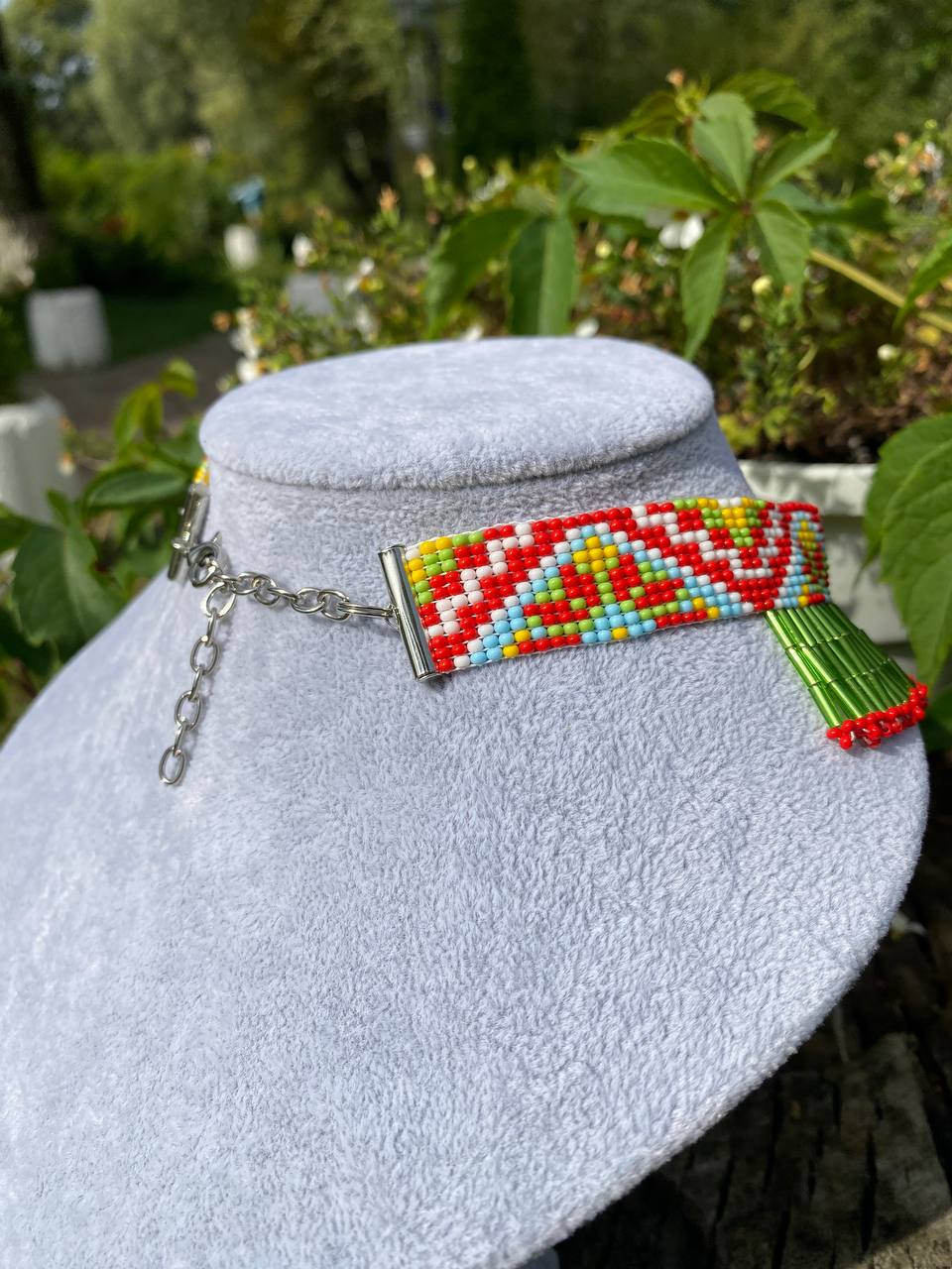 Summer Beaded Dangle Collar Necklace – Green Meadow Fringe with Flowers Inspired Choker