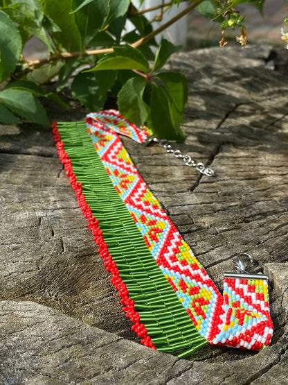 Summer Beaded Dangle Collar Necklace – Green Meadow Fringe with Flowers Inspired Choker