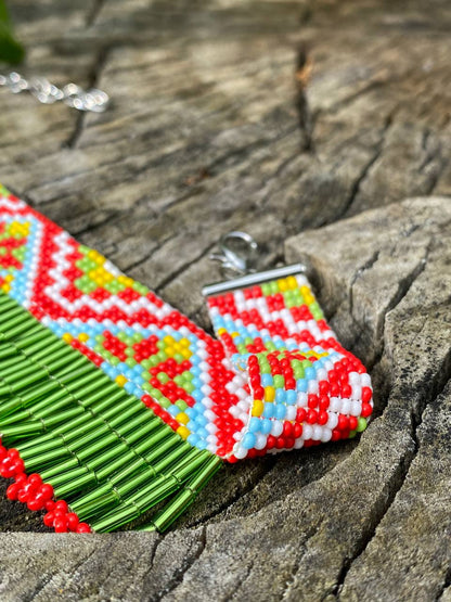 Summer Beaded Dangle Collar Necklace – Green Meadow Fringe with Flowers Inspired Choker