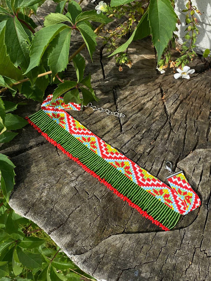Summer Beaded Dangle Collar Necklace – Green Meadow Fringe with Flowers Inspired Choker