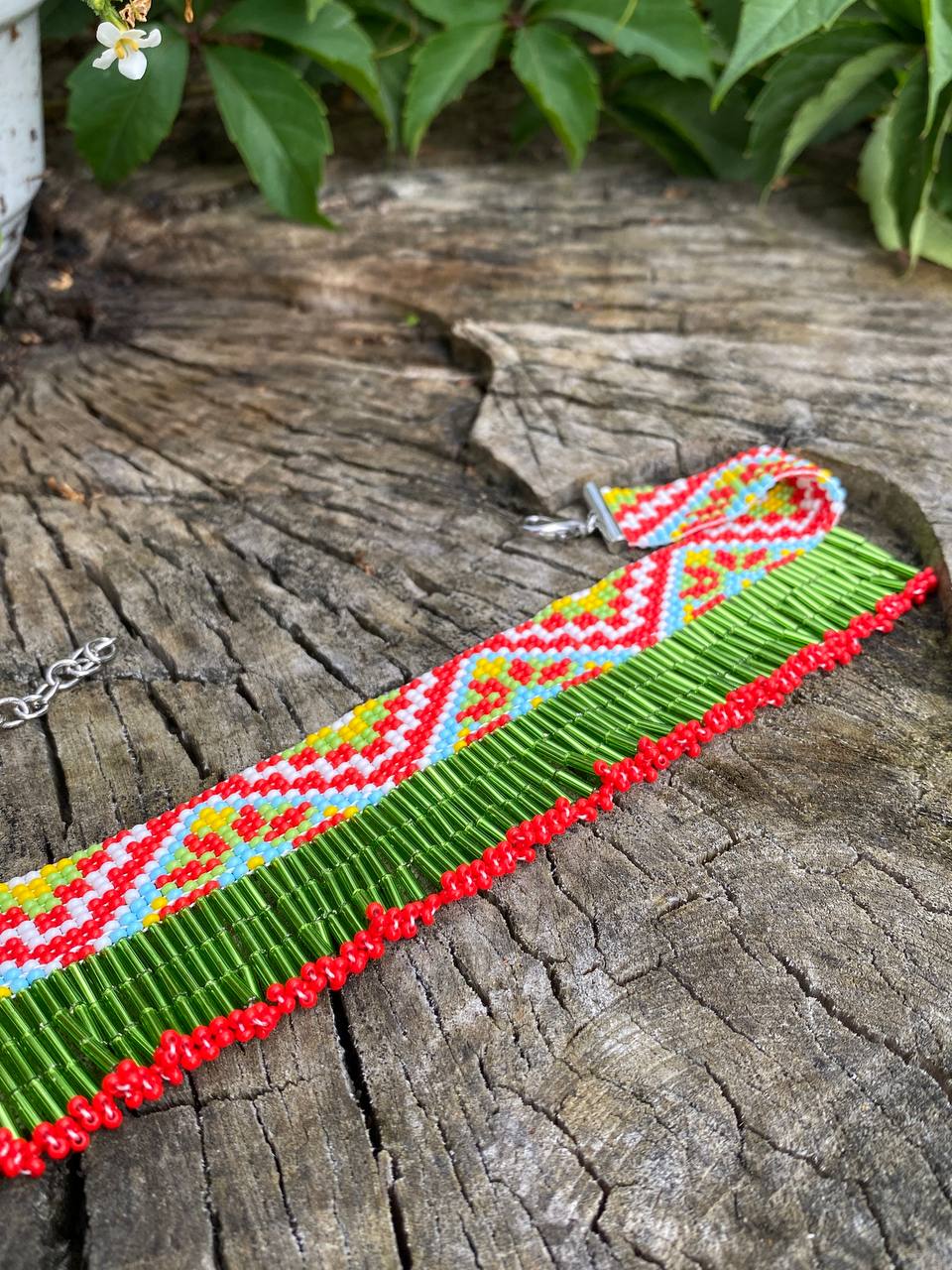 Summer Beaded Dangle Collar Necklace – Green Meadow Fringe with Flowers Inspired Choker