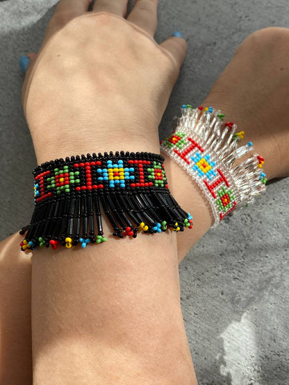 Beaded Bracelets with Fringes Handmade Jewelry Set – Black and Silver with Original Ukrainian Pattern