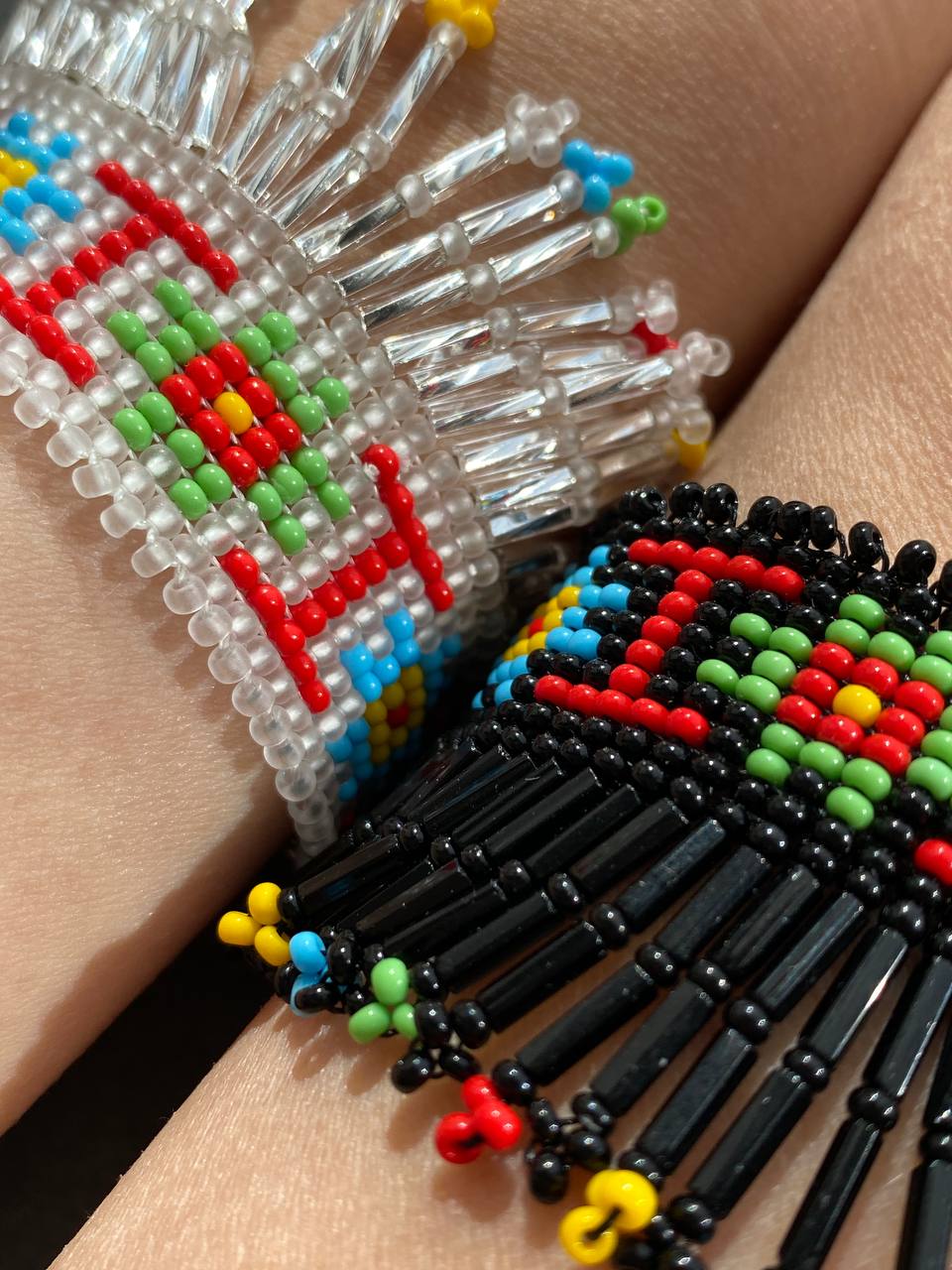 Beaded Bracelets with Fringes Handmade Jewelry Set – Black and Silver with Original Ukrainian Pattern