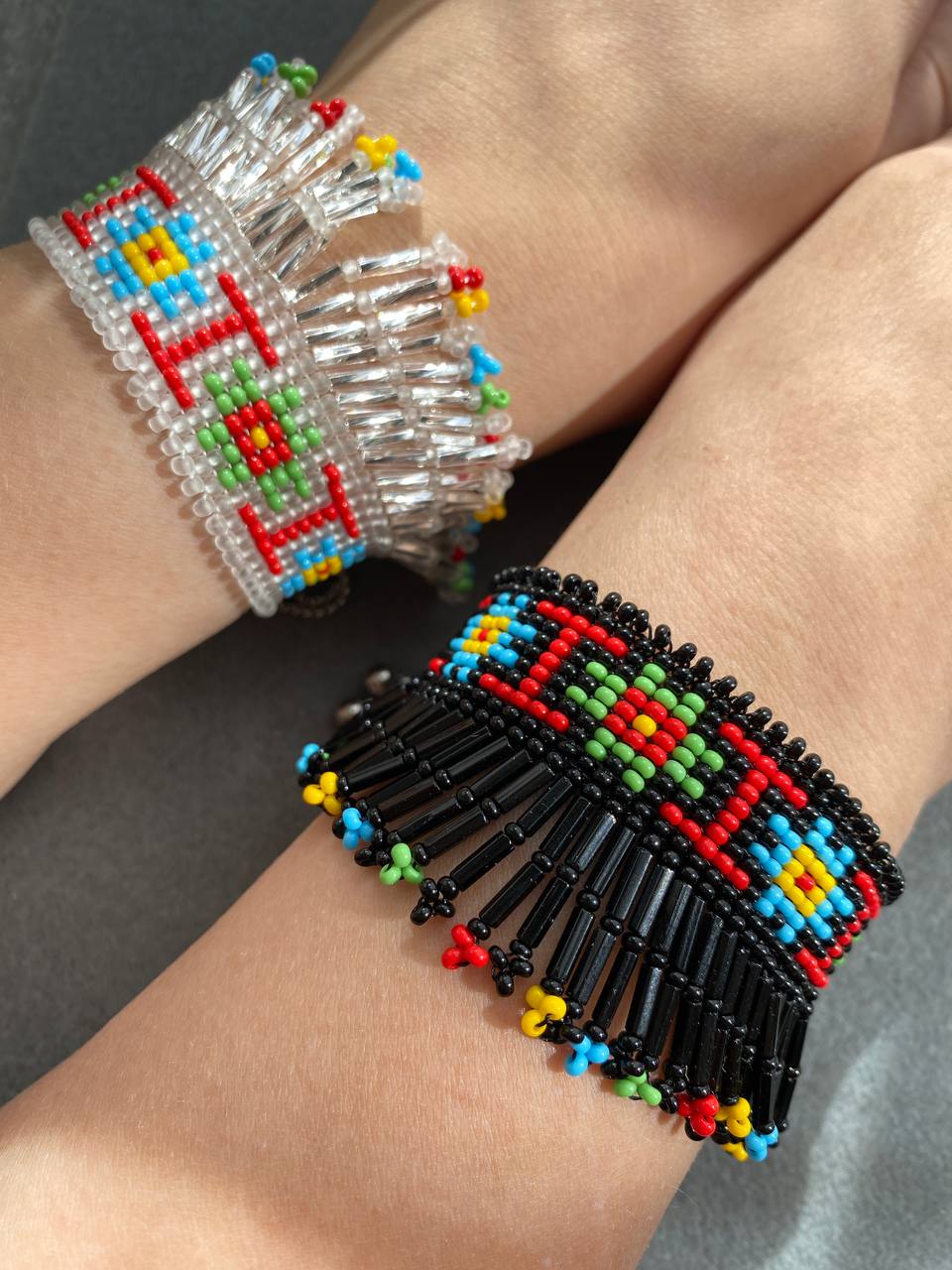 Beaded Bracelets with Fringes Handmade Jewelry Set – Black and Silver with Original Ukrainian Pattern