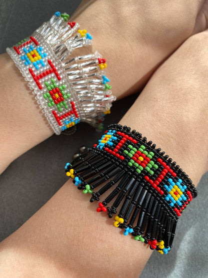 Beaded Bracelets with Fringes Handmade Jewelry Set – Black and Silver with Original Ukrainian Pattern