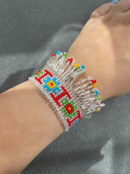 Beaded Bracelets with Fringes Handmade Jewelry Set – Black and Silver with Original Ukrainian Pattern