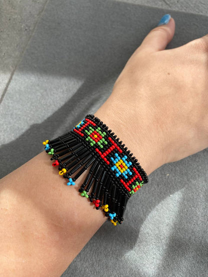 Beaded Bracelets with Fringes Handmade Jewelry Set – Black and Silver with Original Ukrainian Pattern