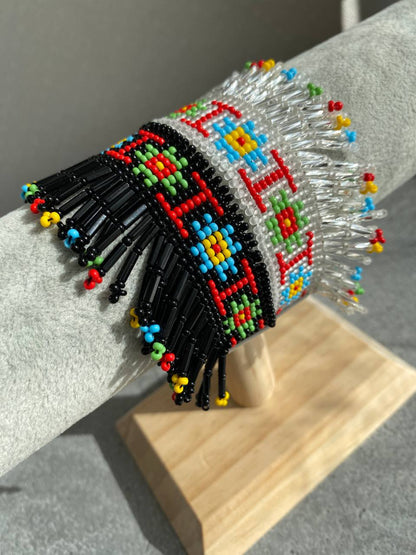 Beaded Bracelets with Fringes Handmade Jewelry Set – Black and Silver with Original Ukrainian Pattern