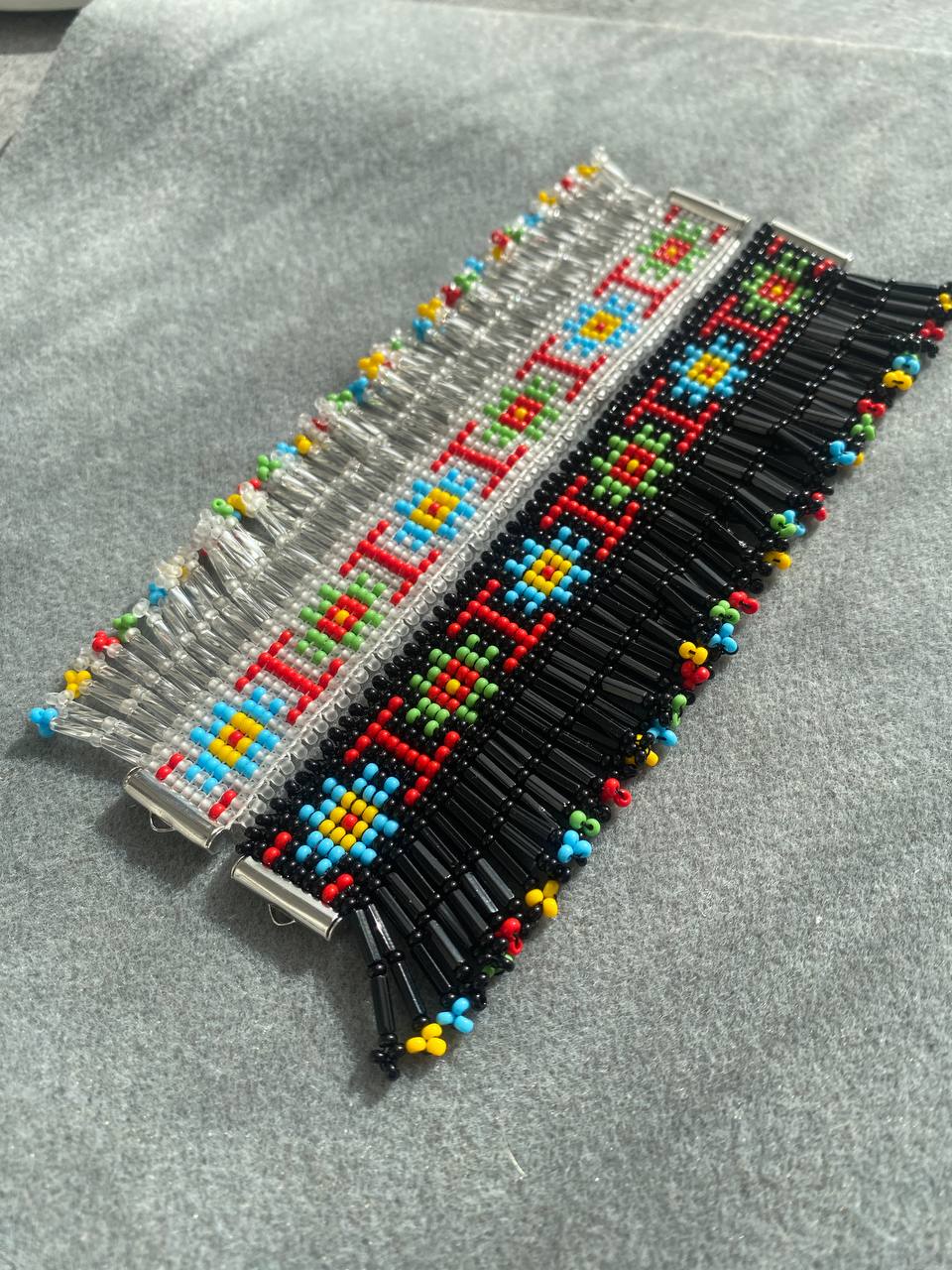 Beaded Bracelets with Fringes Handmade Jewelry Set – Black and Silver with Original Ukrainian Pattern