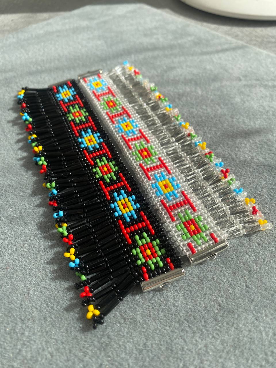 Beaded Bracelets with Fringes Handmade Jewelry Set – Black and Silver with Original Ukrainian Pattern