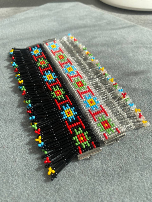 Beaded Bracelets with Fringes Handmade Jewelry Set – Black and Silver with Original Ukrainian Pattern