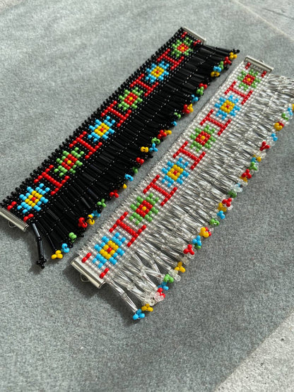 Beaded Bracelets with Fringes Handmade Jewelry Set – Black and Silver with Original Ukrainian Pattern