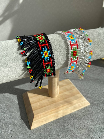 Beaded Bracelets with Fringes Handmade Jewelry Set – Black and Silver with Original Ukrainian Pattern