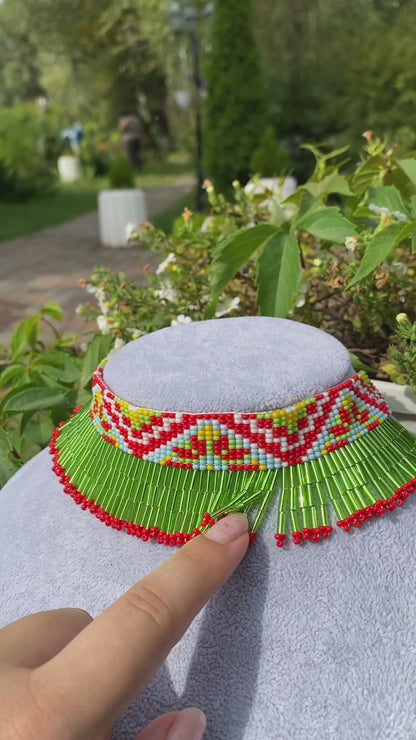 Summer Beaded Dangle Collar Necklace – Green Meadow Fringe with Flowers Inspired Choker