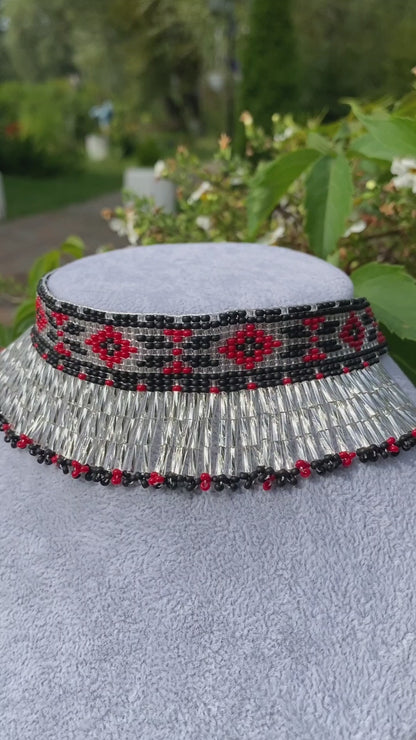 Ukrainian Beaded Collar Necklace with Fringe – Red, Silver and Black Handmade Choker