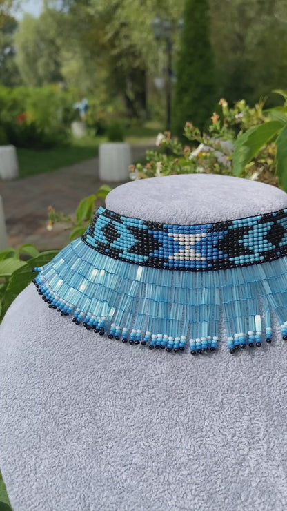 Blue Beaded Collar Necklace with Long Fringe – Handmade Statement Jewelry